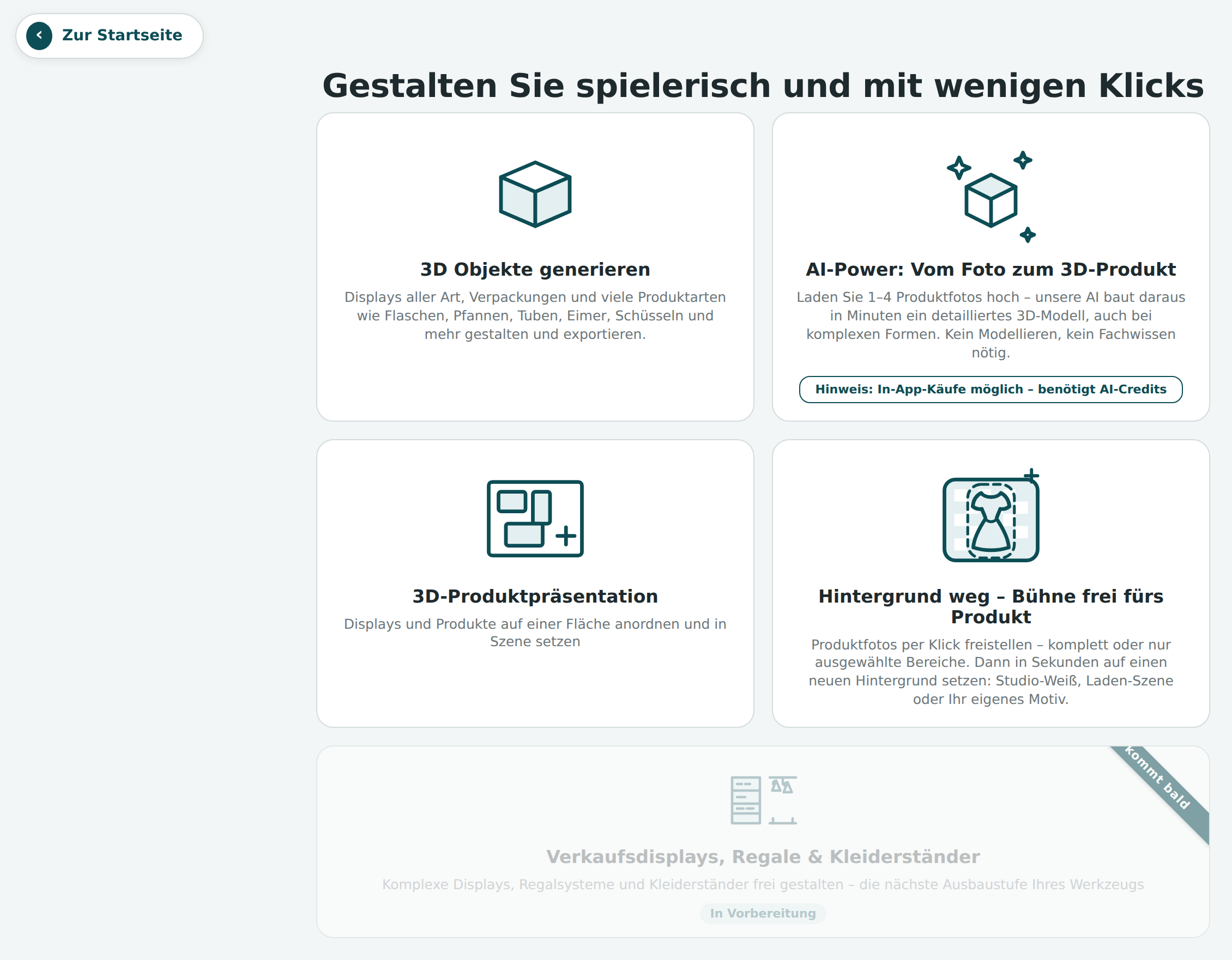 Werkzeug-Übersicht: 3D-Objekte, AI-Generator, Produktpräsentation, Freisteller