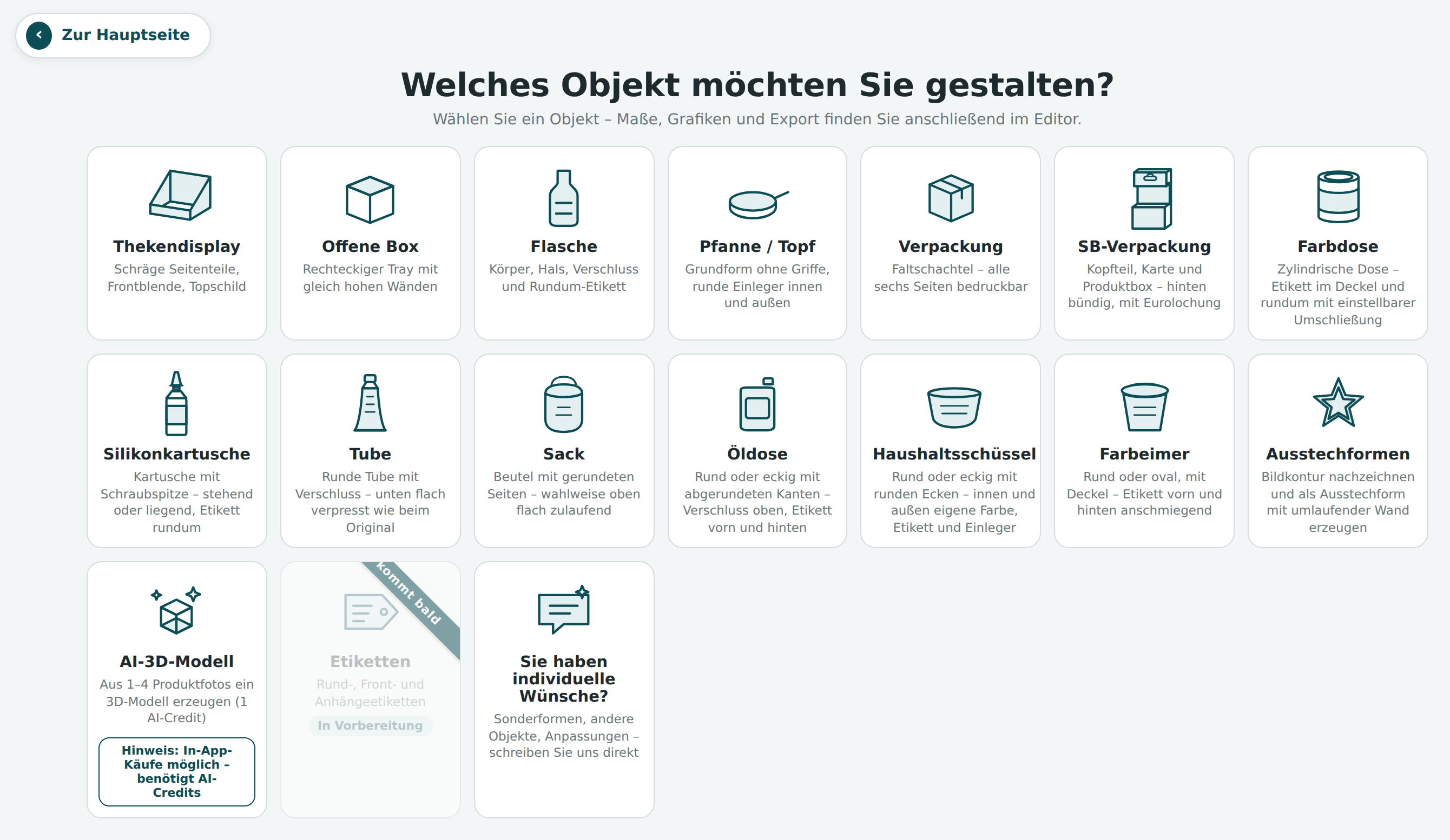 Objektauswahl im 3D-Generator: Thekendisplay, Flasche, Verpackung, Farbdose, Tube, Eimer und weitere Vorlagen